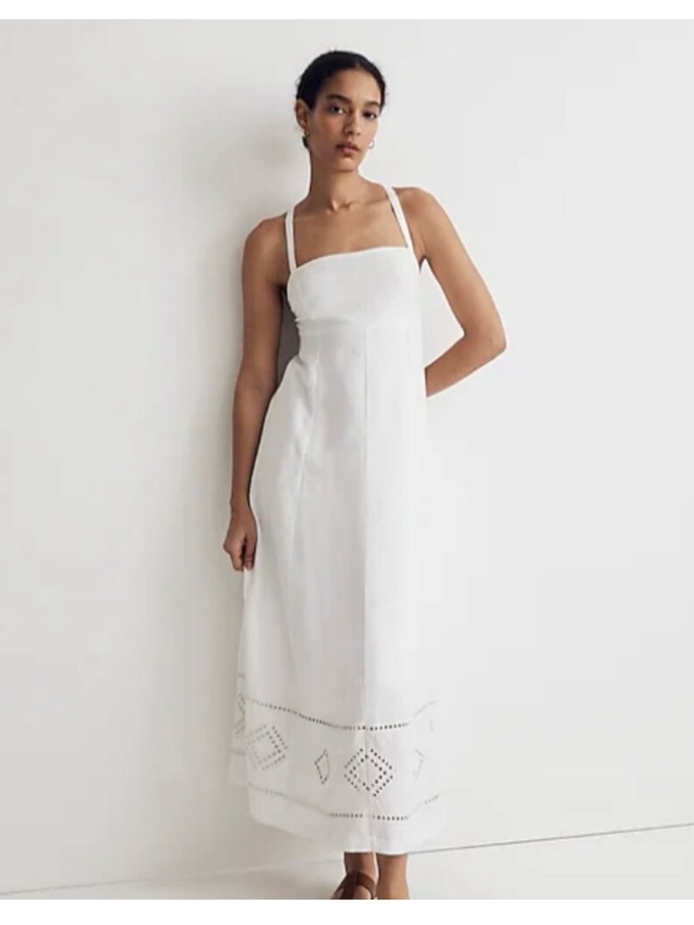 Madewell White Eyelet-Hem Spaghetti-Strap Midi Dress linen blend size 12 - Picture 1 of 10
